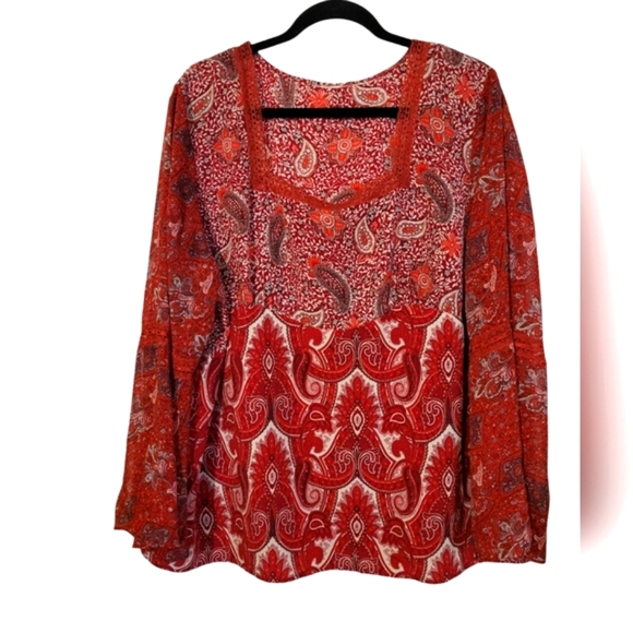 3X Faded Glory Peasant Red White Paisley Boho Blouse - Picture 1 of 3